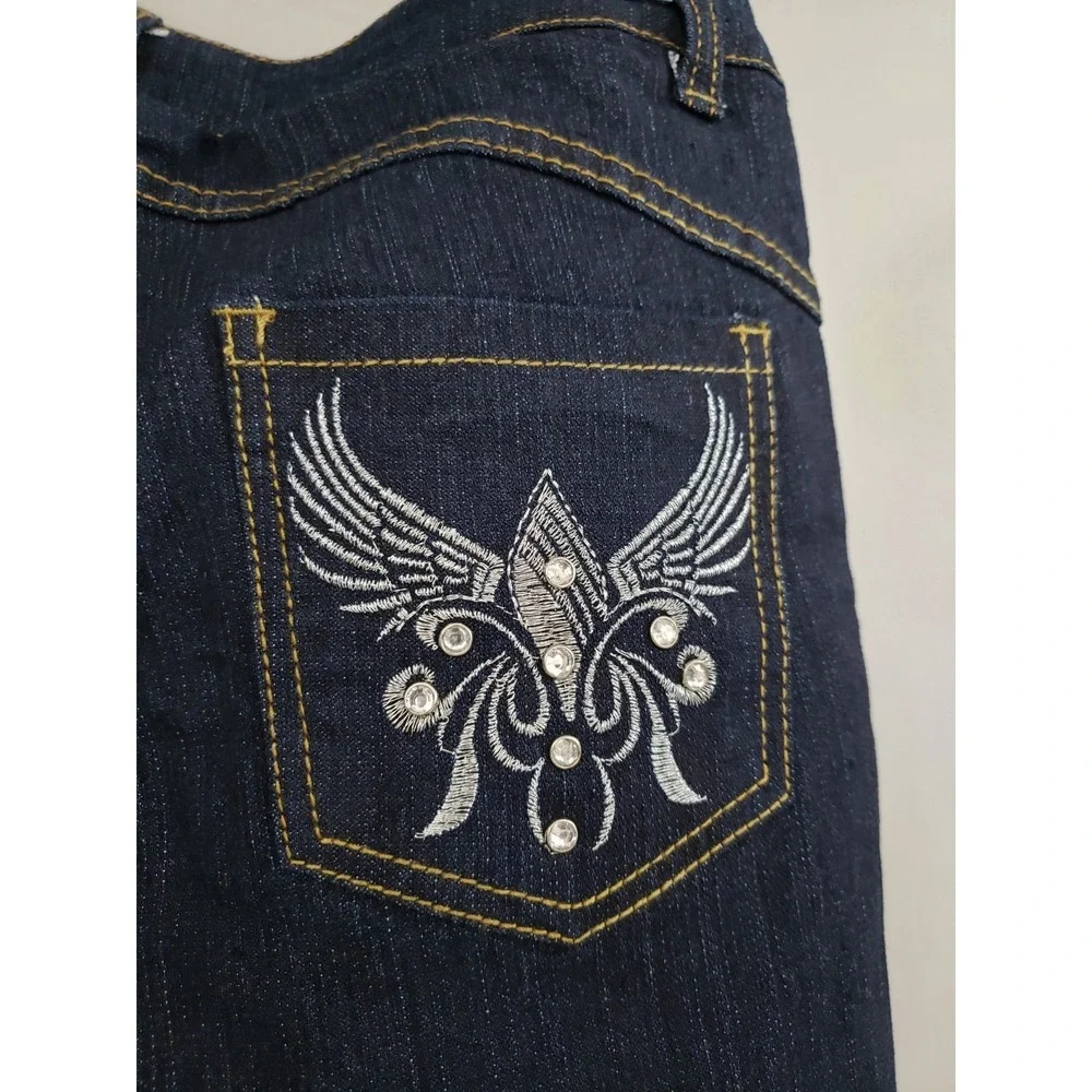 NEW Embroidered Rhinestone BONGO y2k vintage 90s flare jeans dark wash junior 15